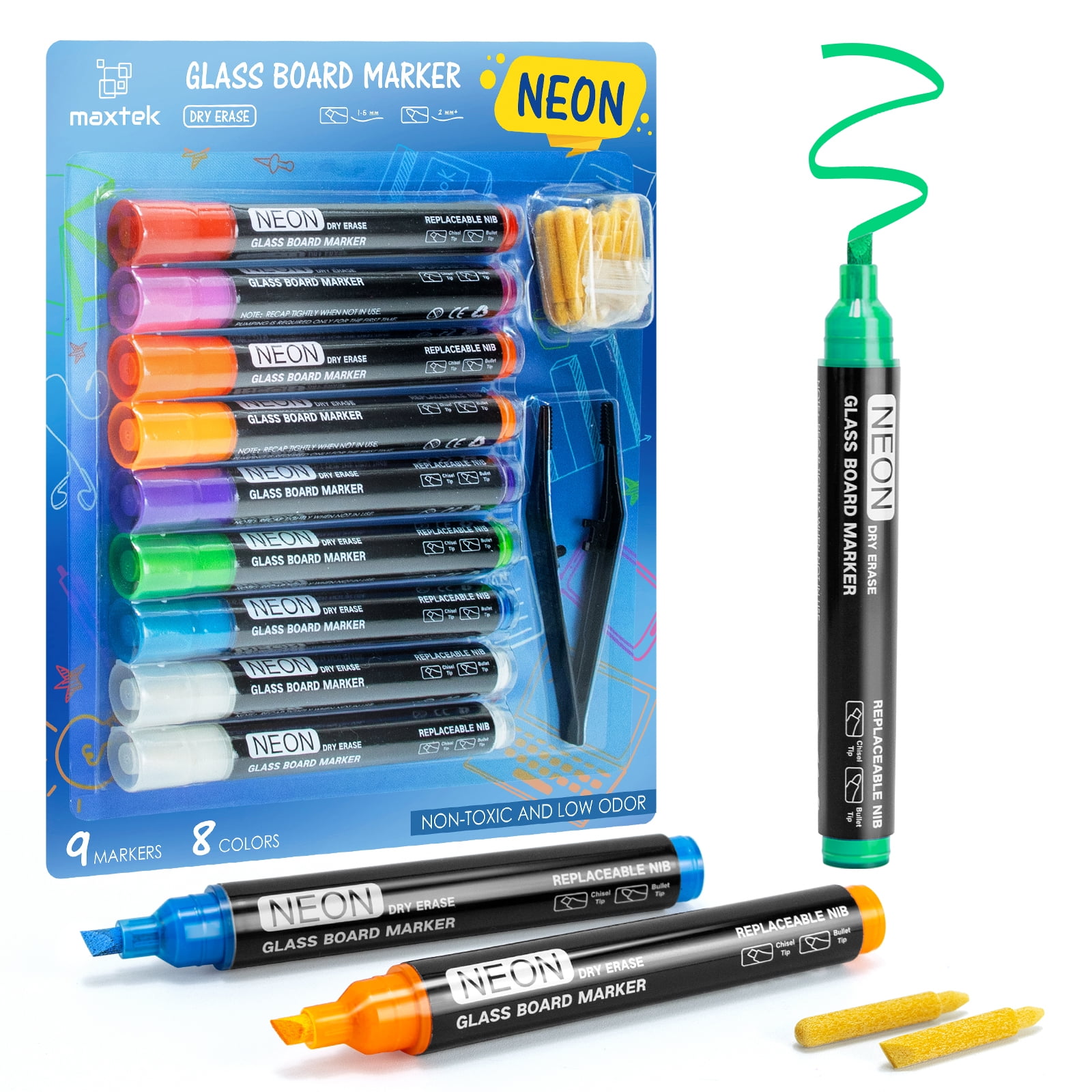Maxtek Neon Dry Erase Markers for Glass,Chisel Tip, Low Odor, Assorted