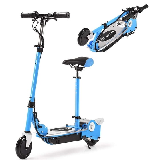 Maxtra Electric Scooter with Seat for Kids Ages 6-12, 60 Mins Long Battery Life, Removable Seat 2 Riding Styles, 155lbs Max Load, Light Blue