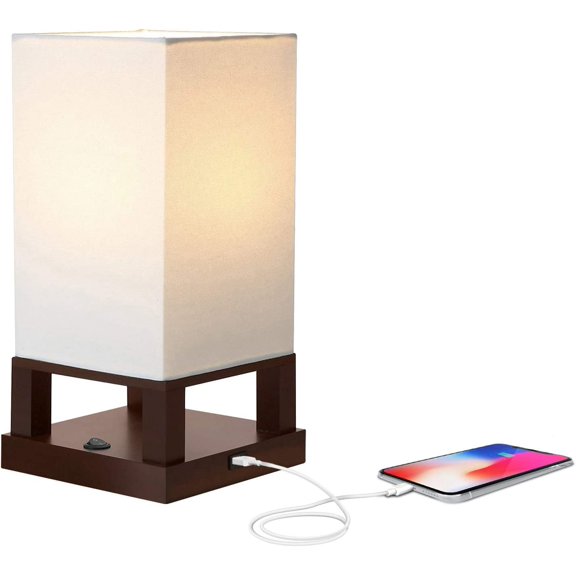 Maxwell Bedside Lamp with USB Port  Compact Table Lamp for Bedroom, Living Room - Modern Asian Nightstand Lamp with Wood Frame - LED Bulb, Soft Light - Havana Brown