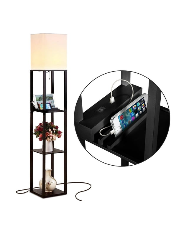 Maxwell Charger - Shelf Floor Lamp with USB Charging Ports and Electric Outlet - Tall, Narrow Tower Nightstand for Bedroom - Modern, Asian End Table with Light Attached - Black