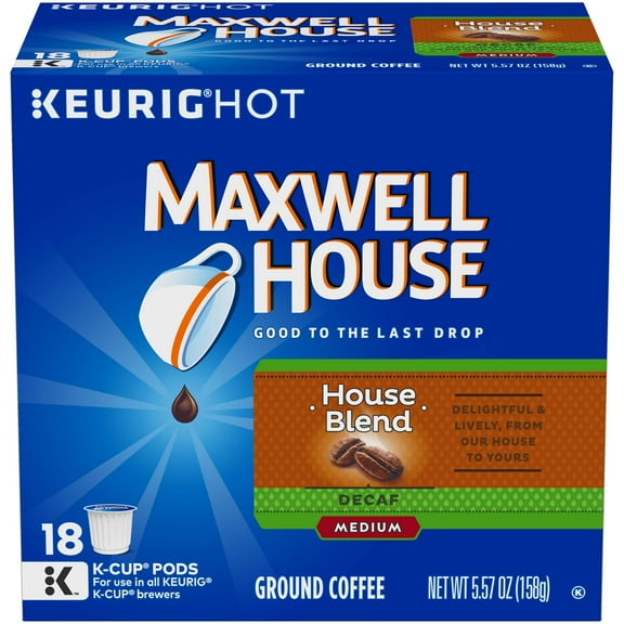 Maxwell House Decaf House Blend Medium Roast K-Cup Coffee Pods (18 Pods).