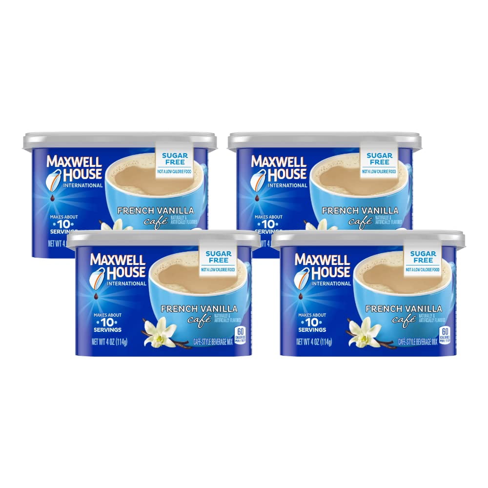 Maxwell House International French Vanilla Sugar Free Cafe Beverage Mix 4 Oz Canisters, Pack Of 4 Packaging May Vary