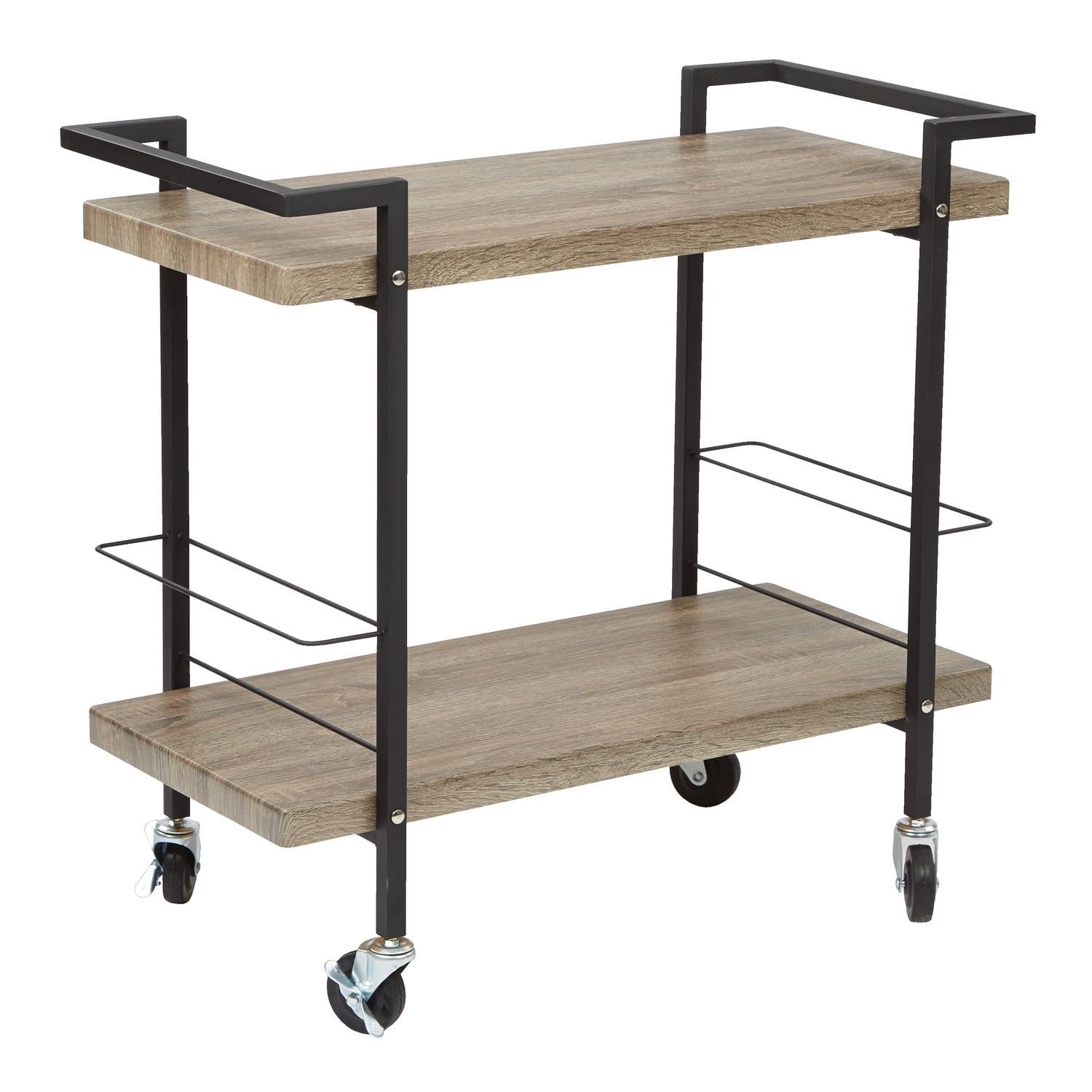 Ash Brown Wood and Black Steel Rolling Serving Cart with Storage