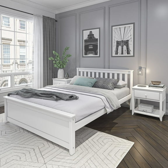 Plank+Beam Queen Bed Frame with Slatted Headboard Solid Wood Platform Bed, No box Spring Needed, White