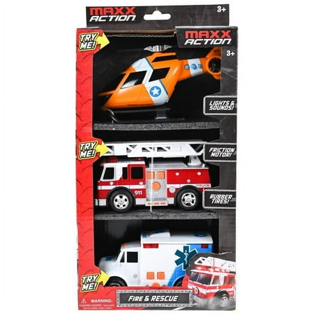 Maxx Action Mini Rescue Vehicles, 3-Pack Assorted Toy Firetruck, Police SUV & Helicopter, Children Ages 3 and up