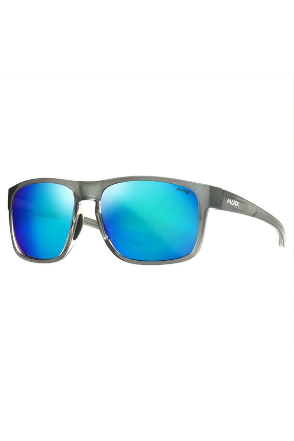 Flight Polarized Sports Sunglasses Translucent Gray TR90 Full Frame with Dark Blue Mirror Over Smoke Lenses