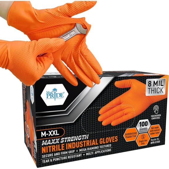 Maxx Strength Nitrile Industrial Orange Gloves, 8 Mil Thick - Diamond Texture Disposable Heavy-Duty, Tear-Resistant