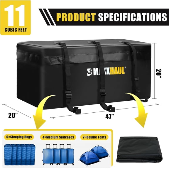 MaxxHaul 70209 Soft Shell Cargo Carrier Bag for Hitch Mount Cargo Rack - Heavy Duty and Water Resistant 47 inch 20 inch x 20 inch Black with Tie Down Straps