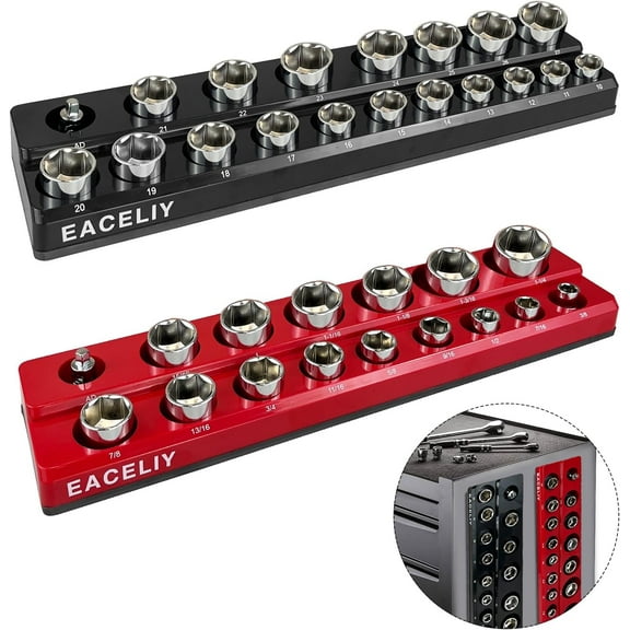 MaxxMarket 1/2" Magnetic Socket Organizer Set, 2-Piece SAE & Metric Socket Holder Kit,，Tools tray， holds 35 Deep and Shallow 1/2" Sockets, attaches to steel box/tool cart (sockets not included)