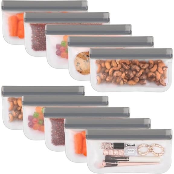 MaxxMarket 10 Pack Reusable Snack Bags Dishwasher Safe,BPA Free Food Storage Bags,Extra Thick Leak-proof Reusable Freezer Bags for Candy,Snack, Cereal,Travel Items, Home Organization (Gray,10 Snack)
