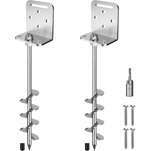 MaxxMarket 18'' Ground Anchors Screw in 10mm Solid Steel with L Bracket, for Trampoline Mobile Home Swing Set Shed Carport Tent Stakes Earth Anchor Tree, 2" Helix Blade & Chrome Plated Finish, 2Pcs