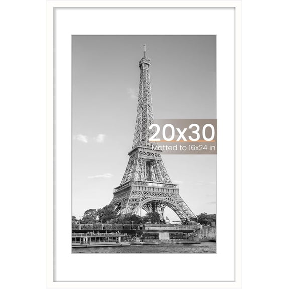 MaxxMarket 20x30 Poster Frame, Display Pictures 16x24 with Mat or 20x30 Without Mat, Wall Hanging Picture Frame, White, 1 Pack