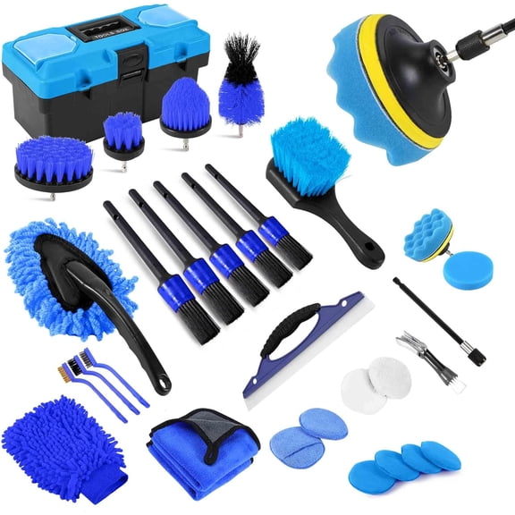 MaxxMarket 32Pcs Car Detailing Kit, Drill Brush Attachments with Detailing Brush Set and Tools Box, Blue Auto Cleaning Kit Interior for Dashboard, Wheels, Windows (C:32PCS-B)