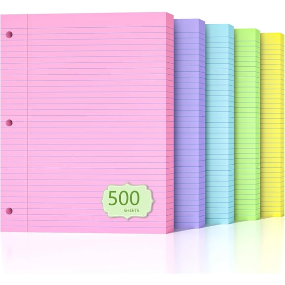 Maxxmarket 500 Sheets Colored Loose Leaf, 8" x 10.5" College Ruled 3-Hole Punched for 3-Ring Binders, Home & Office