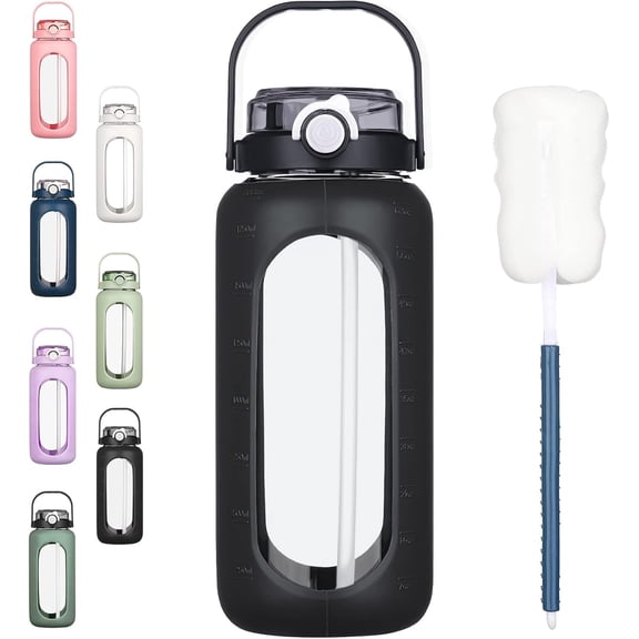 MaxxMarket 64oz Glass Water Bottles with Straw Time Marker Half Gallon Large Motivational Water Bottle with Silicone Sleeve 2 Liter Large Glass Water Jug Daily, Black