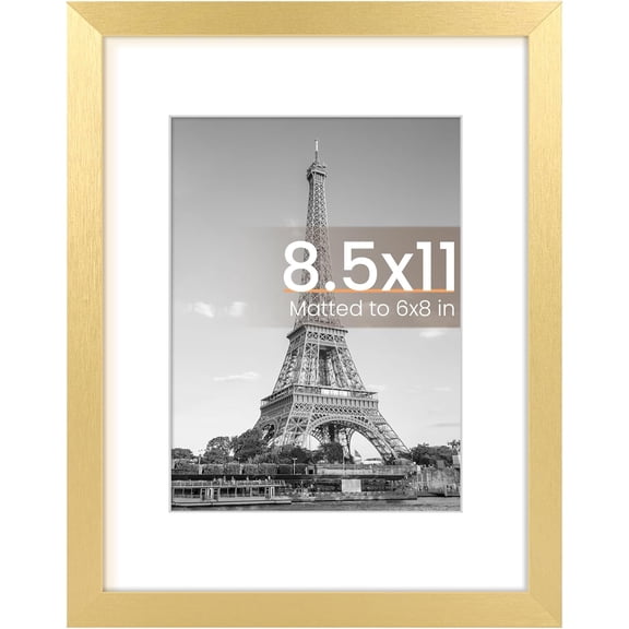 MaxxMarket 8.5 By 11 Picture Frame, Display Pictures 6x8 with Mat or 8.5 x 11 Without, Wall Hanging Photo Frames,Gold, 1 Pack