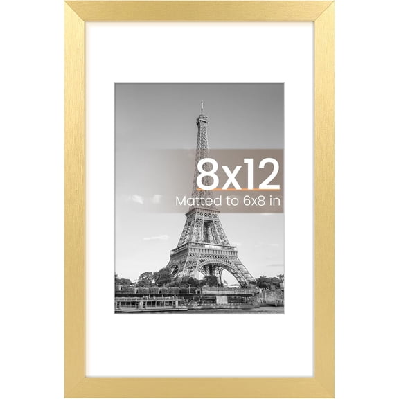 MaxxMarket 8x12 Picture Frame, Display Pictures 6x8 with Mat or 8x12 Without, Wall Hanging Photo Frames, Gold, 1 Pack
