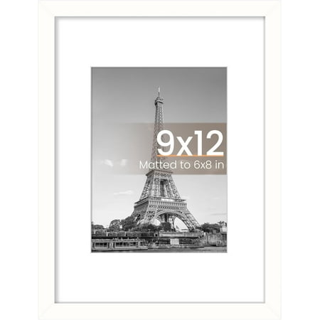 MaxxMarket 9x12 Picture Frame, Display Pictures 6x8 with Mat or 9x12 Without, Wall Hanging Photo Frames, White, 1 Pack
