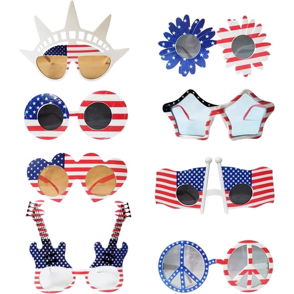 MaxxMarket American Flag Glasses 8pcs, Fourth 4th of July Party Accessories, USA Veterans Day decoration Memorial Day Patriotic Party Favors, Red White and Blue Photo Booth Props