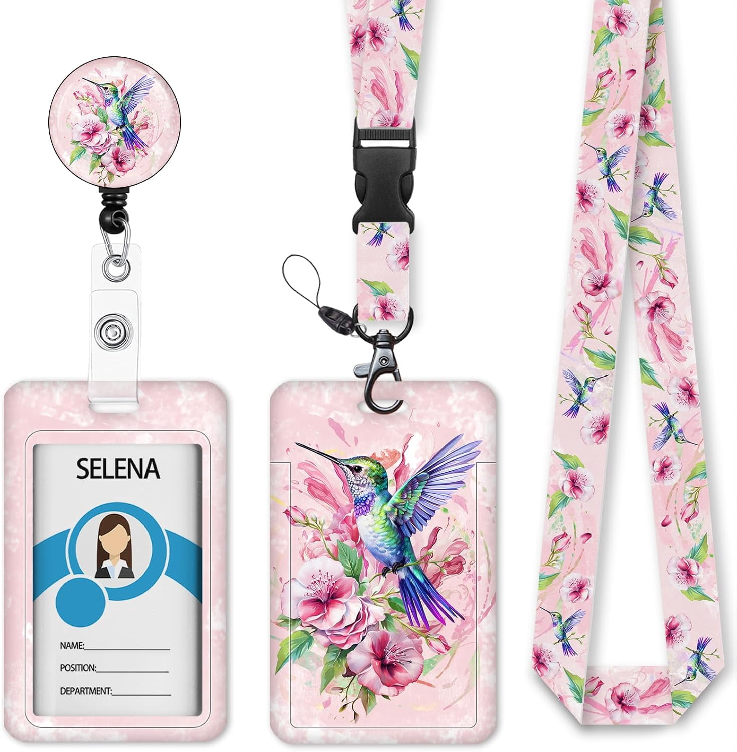 MaxxMarket Bird Badge Holder with Retractable Lanyard, Pink Lanyards for ID Badges Name Tags Vertical Card Holder, Detachable Lanyard Badge Reel Retractable, Teacher Nurse Workers Women Office Gifts