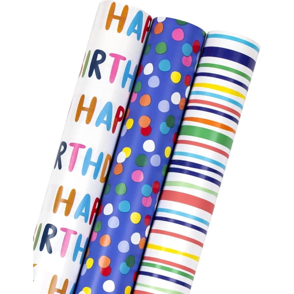 MaxxMarket Birthday Wrapping Paper Roll - Mini Roll - 17 inch X 120 inch Per roll - Polka dots, Stripes Patterns (42.3 sq.ft.ttl)
