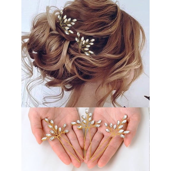 MaxxMarket Crystal Bride Wedding Hair Pins Rhinstones Bridal Hair Accessories Head Piece for Women and Girls (Pack of 3) (C Gold)
