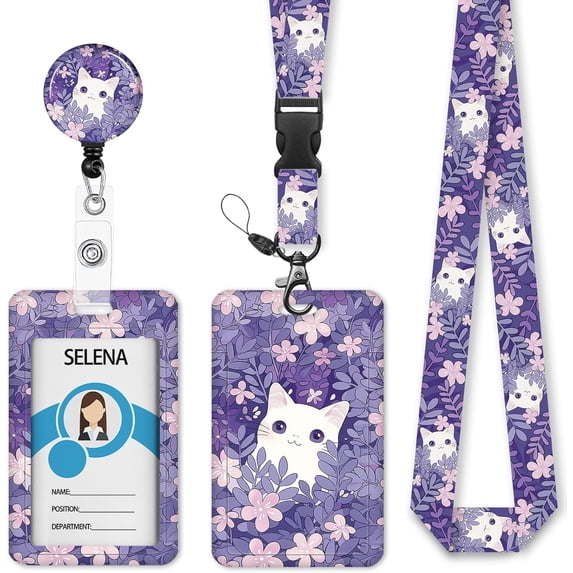 MaxxMarket Cute Cat Badge Holder Retractable Lanyard, Lanyards for ID Badges Name Tags Vertical Card Holder, Detachable Lanyard Badge Reel Retractable, Teacher Nurse Workers Women Office Gifts
