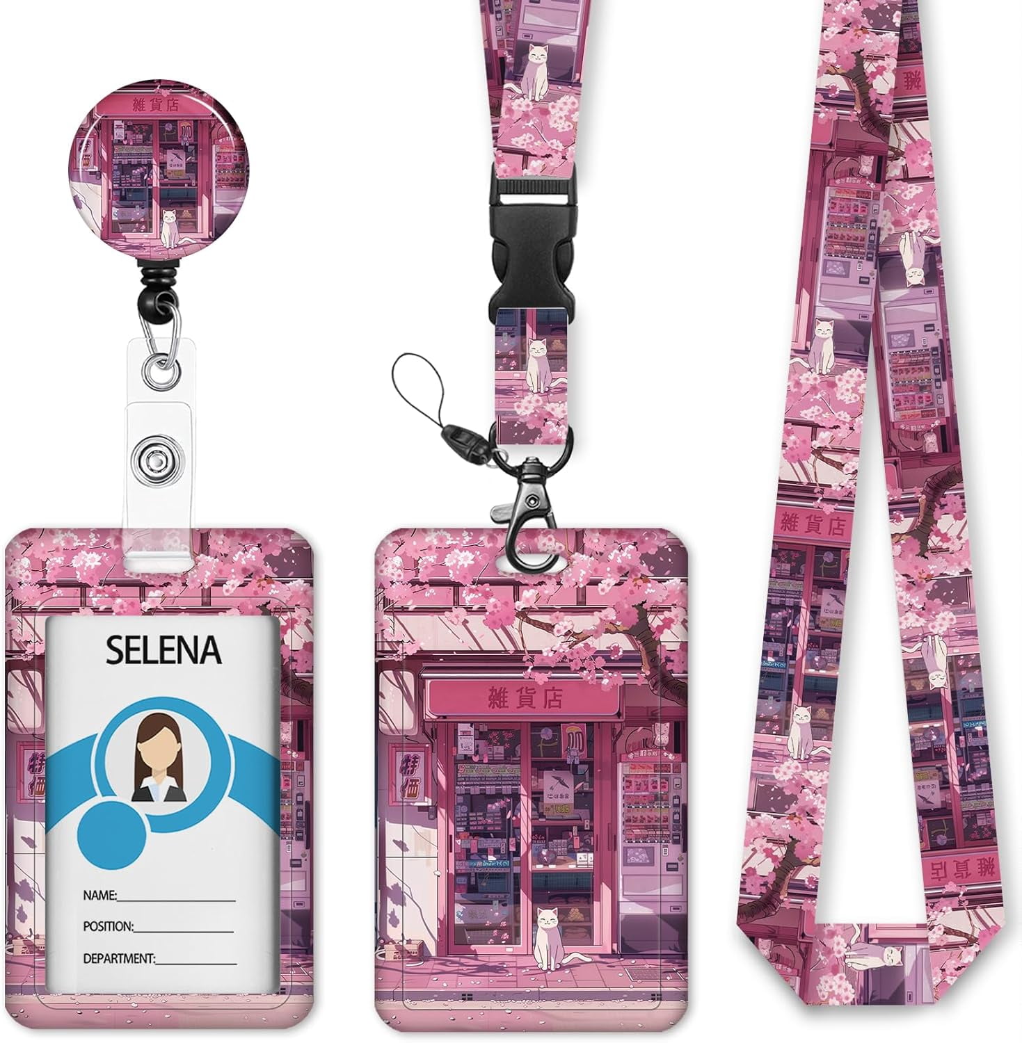 MaxxMarket Cute Cat Lanyard for ID Badges, Retractable Badge Holder Reel with Detachable Vertical Card Holder, Kawaii Japanese Dessert Name Tags Gifts for Teachers, Nurses, Office Women