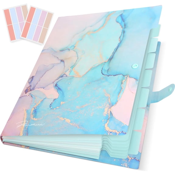 MaxxMarket Expanding File Folder, Folders for Important Documents Organizer, Accordion File Organizer, Aesthetic Folders for School Students, 8 Pockets File Folder for Home Bills (Cyan Gold Marble)