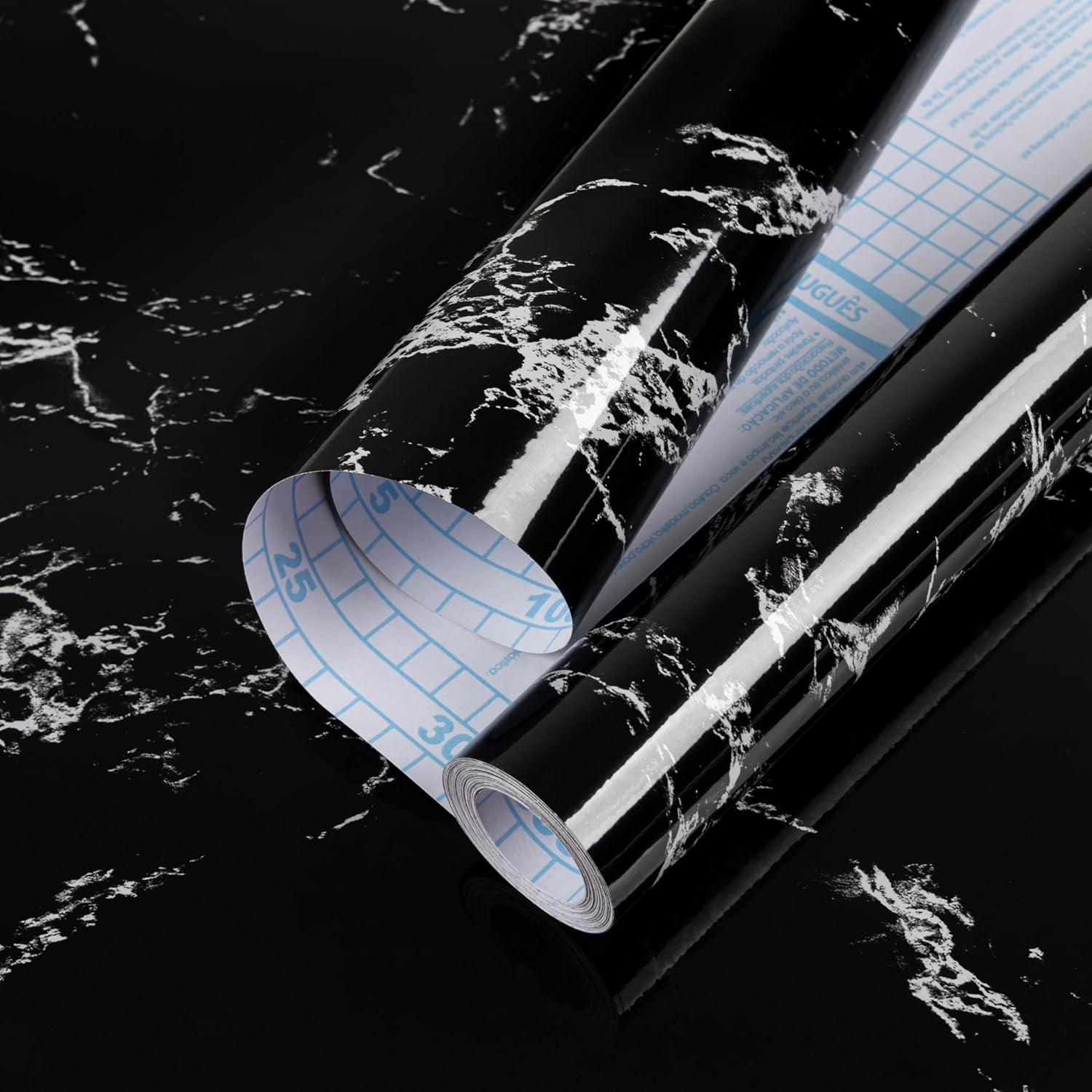 MaxxMarket Glossy Marble Wall Paper Granite Black/Grey Kitchen Countertop Cabinet Furniture Refurbishment Removable Wallpaper Peel and Stick Vinyl Roll 17.7" x 196.8"