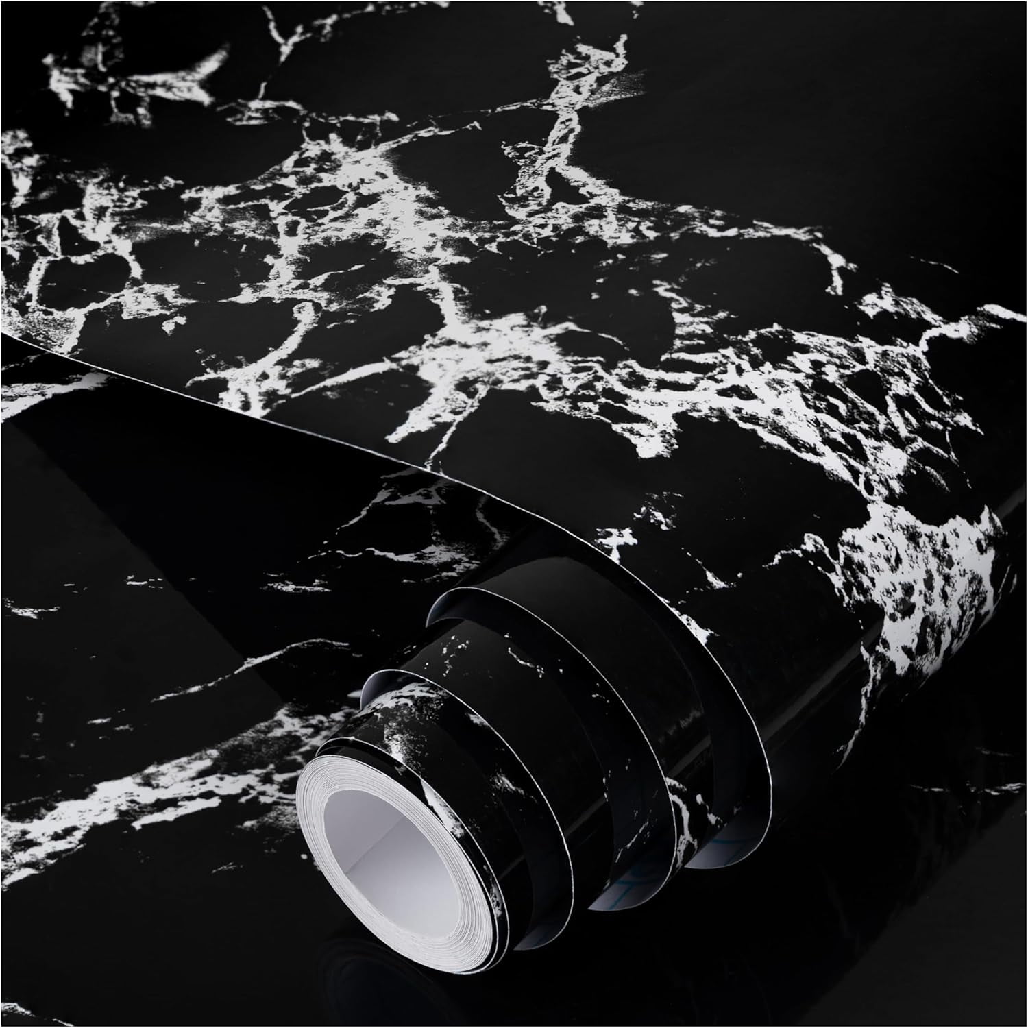 MaxxMarket Glossy Marble Wall Paper Granite Black/Grey Kitchen Countertop Cabinet Furniture Refurbishment Removable Wallpaper Peel and Stick Vinyl Roll 17.7" x 78.7"