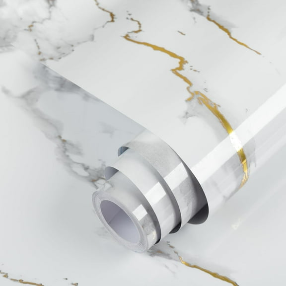 MaxxMarket Glossy Marble Wallpaper Peel and Stick White/Gold Granite Contact Paper Removable Wall Paper for Kitchen Countertop Cabinet Furniture 17.7" x 78.7"