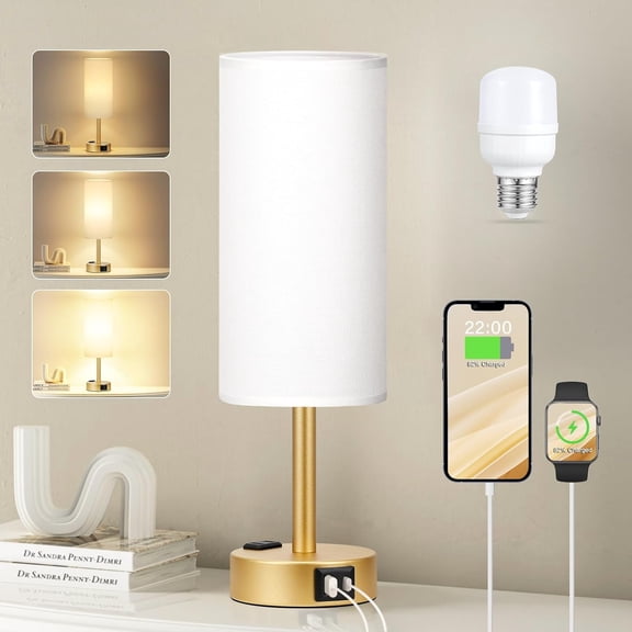 MaxxMarket Gold Touch Lamp for Bedroom- 3 Way Dimmable Bedside Lamp USB C A Charging Ports and AC Outlet, Small Table Lamp White Linen Lampshade for Gift, LED Bulb Included