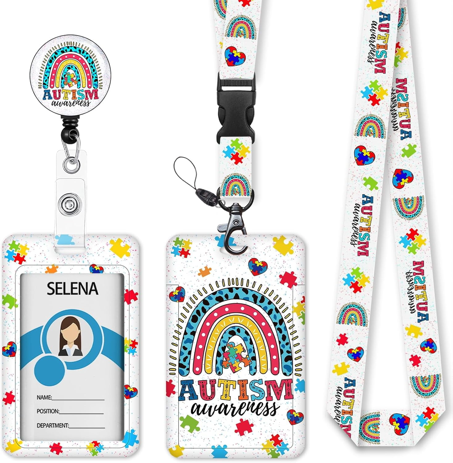MaxxMarket ID Badge Holder with Lanyard, Autism Awareness Retractable Badge Holders Reels, Rainbow Breakaway Lanyards Keychain, Cute ID Holders for Women Teacher Nurse Nursing Doctor Student