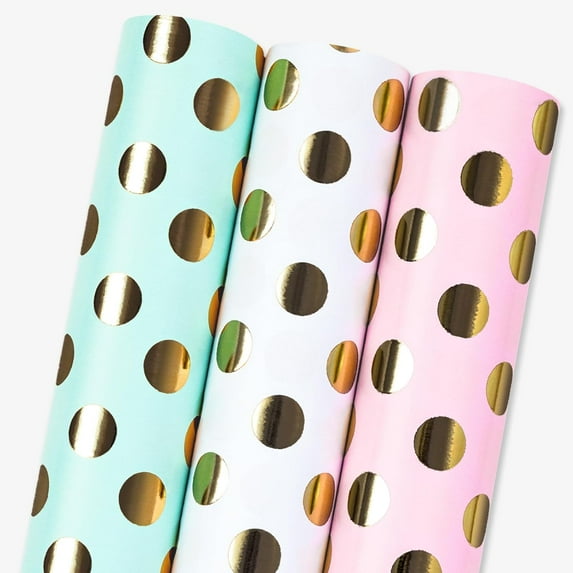 MaxxMarket Polka Dot Wrapping Paper,Gift Wrapping Paper Mini Rolls - 17 Inch X 10 Feet Per Roll - Pink White Blue Dots Pattern with Gold Foil Birthday Gift Wrap for Baby Shower,Mothers day, Christmas