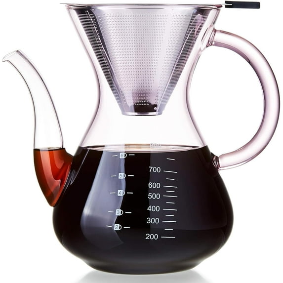 MaxxMarket - Pour Over Coffee Maker with Double Stainless Filter 34 fl oz, Thickened Heat-Resistant Borosilicate Glass Pour Over Coffee Dripper, Stovetop Safe