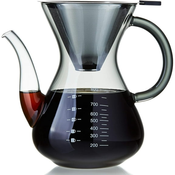 MaxxMarket - Pour Over Coffee Maker with Double Stainless Filter 34 fl oz, Thickened Heat-Resistant Borosilicate Glass Pour Over Coffee Dripper, Stovetop Safe