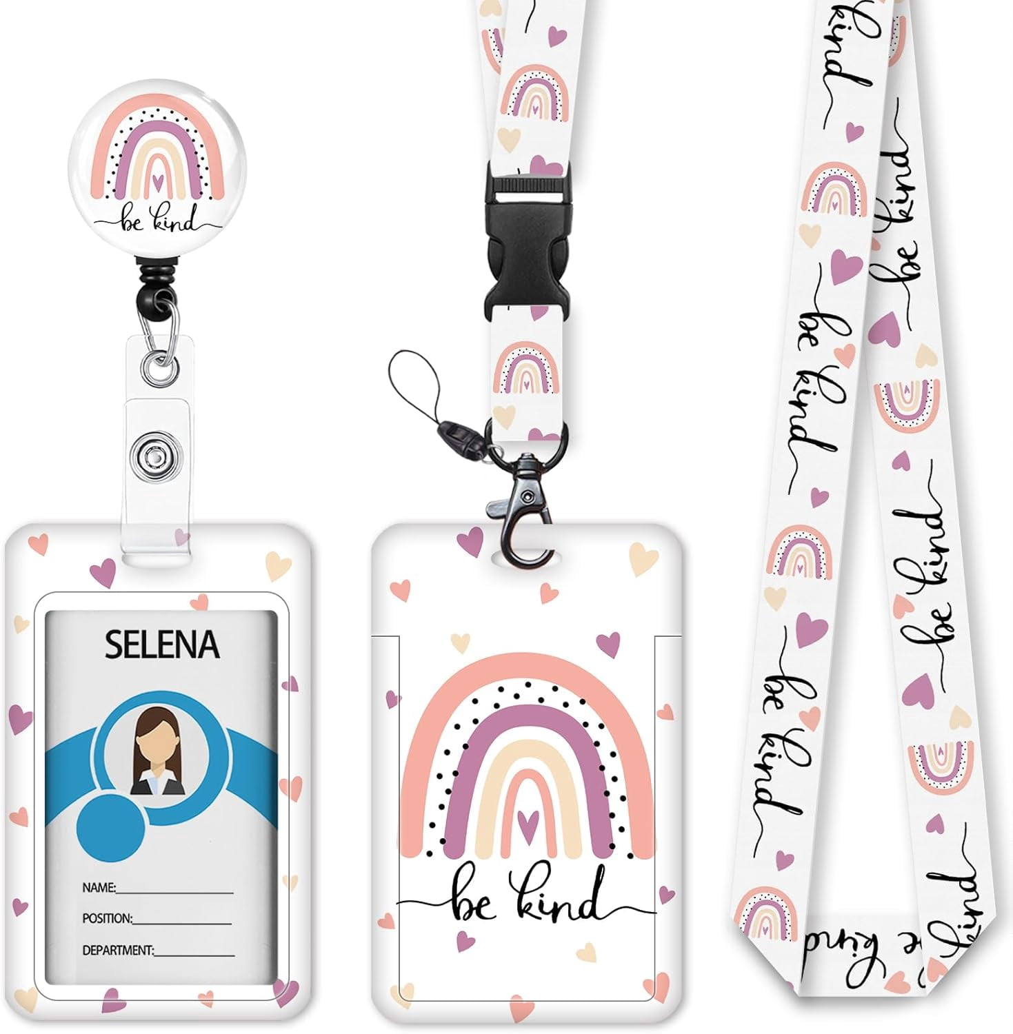 MaxxMarket Rainbow Badge Holder Retractable Lanyard, Lanyards for ID Badges Name Tags Vertical Card Holder, Detachable Lanyard Badge Reel Retractable, Teacher Nurse Workers Women Office Gifts Bekind