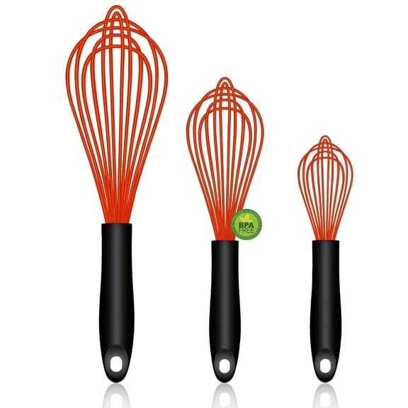 MaxxMarket Red Silicone Whisk, Sealed Waterproof Design Set of 3, Professional Kitchen Whisks for Cooking Non-Scratch, Silicone & Stainless Steel Whisk, Heat Resistant 480°F Balloon Egg Beater