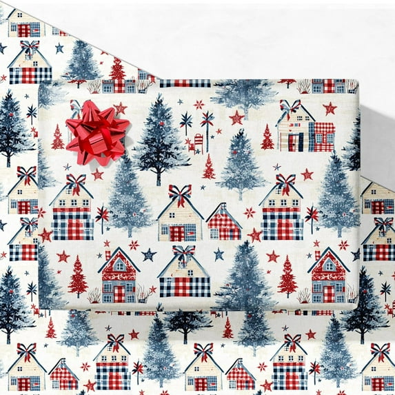 MaxxMarket Rustic Christmas Wrapping Paper for Kids Adults - Vintage Holiday Gift Wrap with Plaid Farmhouse, Stars, and Pine Trees - 4 Jumbo Sheets, 28" x 40" Each (31 sq. ft ttl), Easy to Store