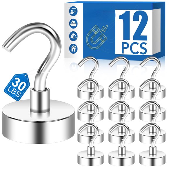 MaxxMarket Strong Magnetic Hooks,30lbs Magnet Hooks for Cruise Cabin, Strong Magnets with Hooks Cruise Magnetic Hooks Perfect for Hanging,Refrigerator, Kitchen Storage,Classroom Organization -12 Pack