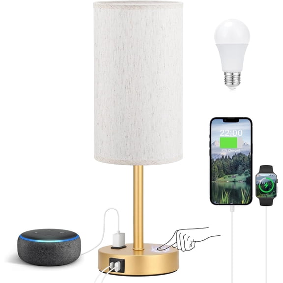 MaxxMarket Touch Table Lamp - Cream, 3-Way Dimmable, USB A + C Charging, AC Outlet, 17.4inch Medium, Gold Metal Base
