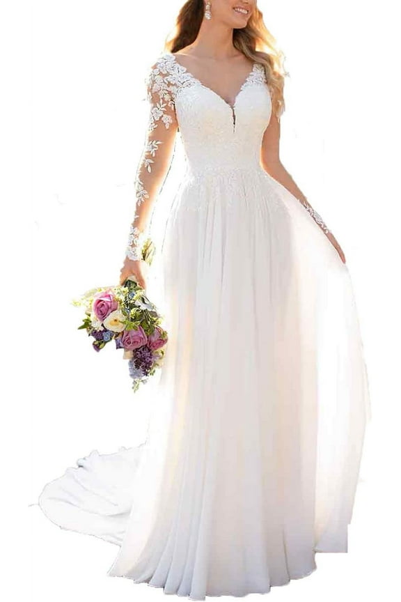 MaxxMarket  Wedding Dresses for Bride 2025 with Lace Appliques Chiffon A Line Women Dress Long Sleeves Beach Bride Dress