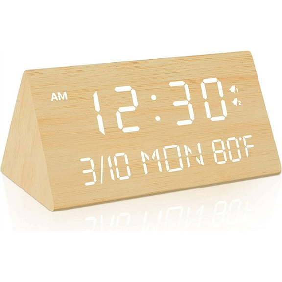 MaxxMarket Wooden Digital Alarm Clock, 0-100% Dimmer, 2 Alarm Settings, Weekday/Everyday Mode, 9 Mins Snooze, 12/24H, Temperature and Date Display for Office, Travel, Bedroom Alarm Clock (Bamboo)