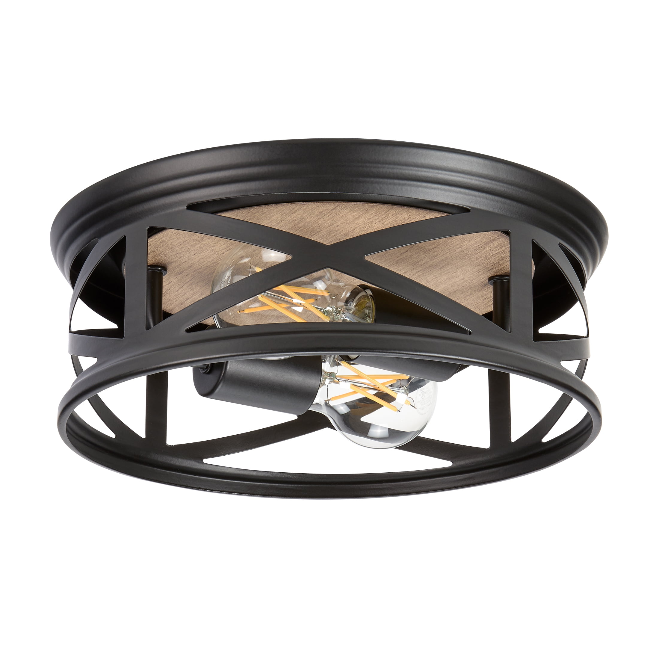 Matte Black and Wood Grain 2-Light Round Flush Mount Ceiling Light