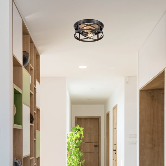 Maxxima 11 in. 2-Light Indoor / Outdoor Flush Mount Ceiling Light, Round Black w/ Wood Grain Farmhouse Fixture, Bulbs Not Included