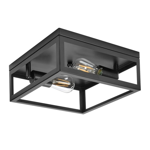 Maxxima 12” 2-Light Indoor / Outdoor Flush Mount Ceiling Light Fixture, Square Black Farmhouse Fixture, Bulbs Not Included