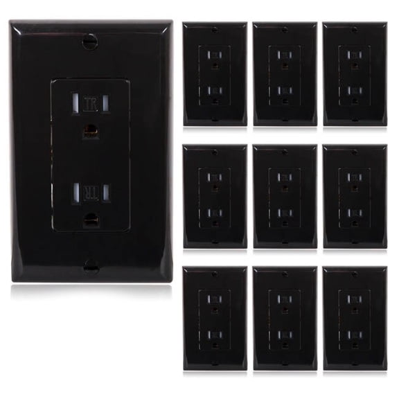 Maxxima 15A Tamper Resistant Duplex Receptacle - Standard Decorative Electric Wall Outlet 15 Amp, Child Proof Safety, Contractor Pack, Wall Plates Included - Black - 10 Pack