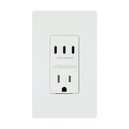 Maxxima 15A USB-C & AC Wall Outlet, 65W Power Delivery GaN QC 4.0, 3 Type-C Vertical Charging Ports, Wall Plate Included