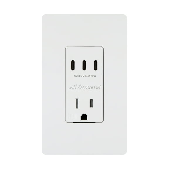 Maxxima 15A USB-C & AC Wall Outlet, 65W Power Delivery GaN QC 4.0, 3 Type-C Vertical Charging Ports, Wall Plate Included